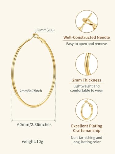 FindChic Thin Hoop Earrings for Women,Silver/Black/Gold Plated 20-100mm - color: Gold, size: 60mm