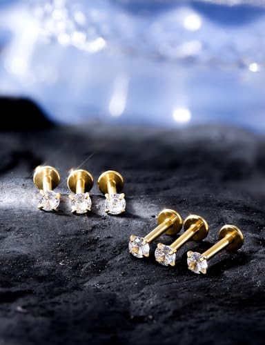 16G ASTM F136 Titanium Surgical Steel Internal Thread Flat Back Studs Earrings Lip Rings Labret Medusa Helix Tragus Cartilage Earring stud Piercing Jewelry for Women Men Silver Black Gold - style: 16g/4mm Clear cz/Gold 10mm