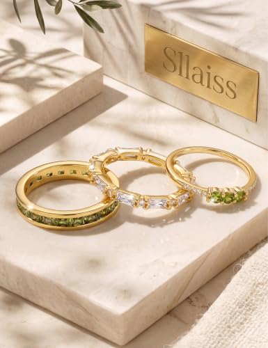 Sllaiss Stackable Gold Rings for Women Non-Tarnish 14K Gold Plated Ring Set | Non Tarnish, Dainty Stacking Ring Set, Ring Stack, Cubic Zirconia Thumb Rings, Promise Wedding Bands, Stackable Rings - color: 14K Gold Olive Green CZ