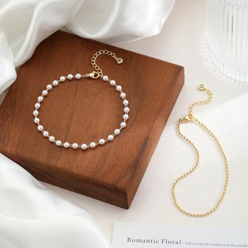 Gold Ankle Bracelets for Women, Dainty 14K Gold Plated Anklets for Women Waterproof Cuban Link Chain Pearl Anklet Set Trendy Layered Stackable Ankle Bracelet Non Tarnish Jewelry for Her - color: A0111