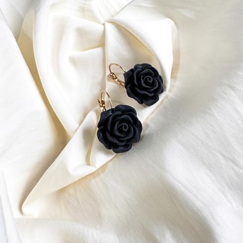 Handmade Bohemian Aesthetic Dainty Acrylic Flower Petal Leverback Earrings Sparkly 14K Gold Floral Dangle Drop Earrings for Women - color: Black