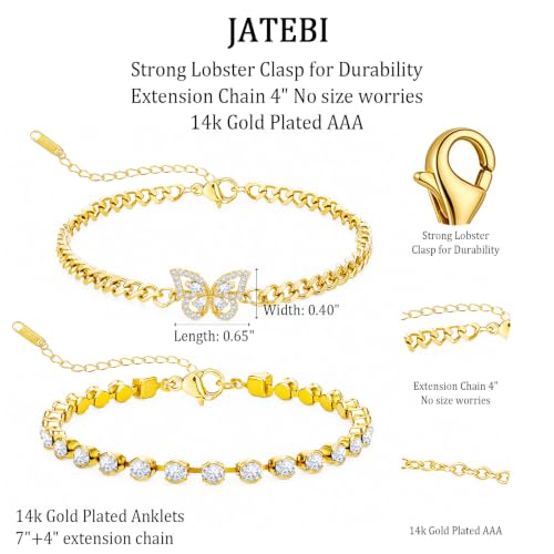 JATEBI 14K Gold Plated Layered Butterfly Zircon Anklet Set for Women | Trendy Delicate Gold Ankle Bracelets Ideal Summer Beach Foot Jewelry Nice Holiday Birthday Present For Modern‑Style