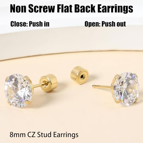 Threadless Flat Back Earrings, Hypoallergenic 14K Real Gold Plated CZ Stud Earrings | Cartilage Earring | Tragus Helix Piercing Jewelry | Push in Flatback Earrings for Women Men - color: 14K Gold, size: 8 Millimeters