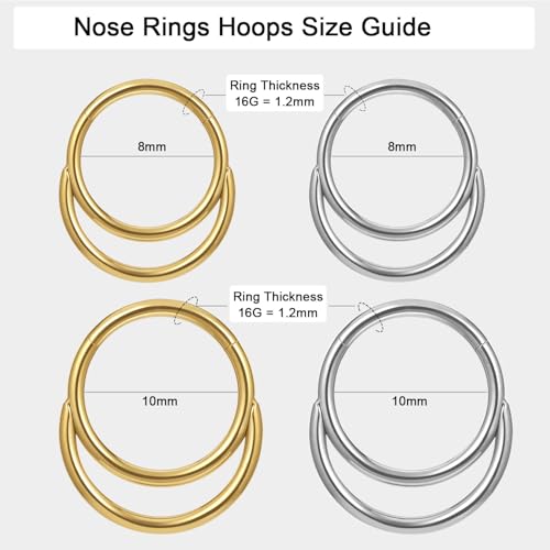 Titanium 16G Septum Ring Piercing Jewelry Nose Rings Hinged Clicker Hoop | G23 Titanium Silver Gold Hinged Segment Daith Piercing Jewelry Non-irritating , Clicker Septum Nose Piercing Jewelry Hoops - color: 08 Circle-Gold, size: 16G-10mm