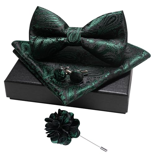 JEMYGINS Mens Paisley Bow Tie and Lapel Pin Necktie Pocket Square and Tie Clip with Sets for Business Casual 4PCS - color: Dark Green