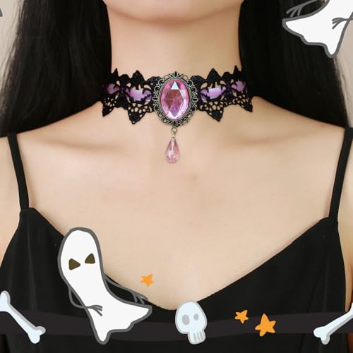 CSIYANJRY99 Gothic Choker Necklace for Women Halloween Red Crystal Vampire Choker Steampunk Lace Choker Witch Costume Accessories - style: Pink