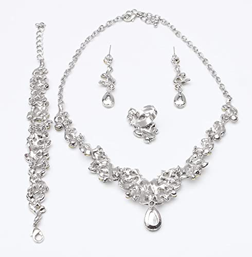 Jewelry Set for Women, Statement Necklace Dangle Earrings Bracelet Ring, White/KC Gold Plated Jewelry Set with Rhinestone Pearl Crystal Wedding Party Jewelry for Bridal Bridesmaid - color: Set001-Style2-White-Platinum Plated