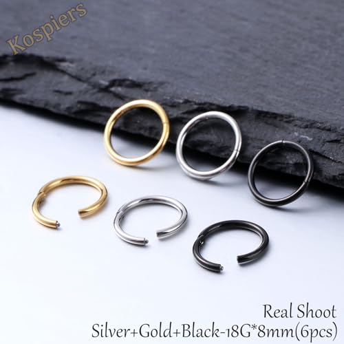 Nose Rings 20G 18G 16G 316L Surgical Steel Hinged Clicker Segment Nose Hoop Helix Cartilage Daith Tragus Sleeper Earrings Body Lip Piercing Jewelry for Women Men 6mm 7mm 8mm 10mm 12mm - style: 16:Silver+Gold+Black-18G*8mm(6pcs)