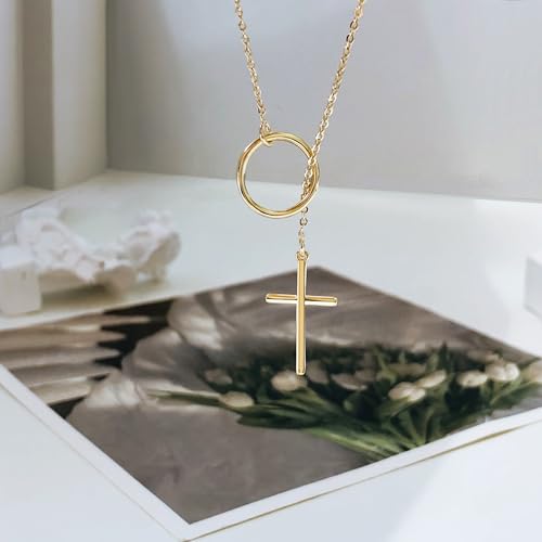 HERIER Lariat Gold Necklace for Women, Dainty Long Necklace 14k Gold Plated/Silver Y-Shaped Layered Beaded Chain Drop Necklaces for Women Trendy Simple Gold Jewelry for Women Gifts - color: Y Cross Necklace-Gold
