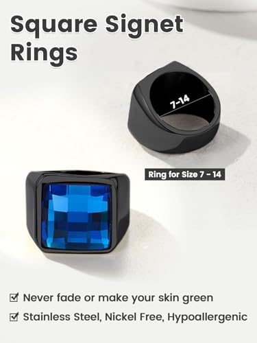 KeyStyle Square Gemstone Signet Rings for Men, Personalized Stainless Steel Pinky Ring with Black Onxy Blue Topaz Birthstone Statement Ring - color: Black - Blue Topaz - 15mm