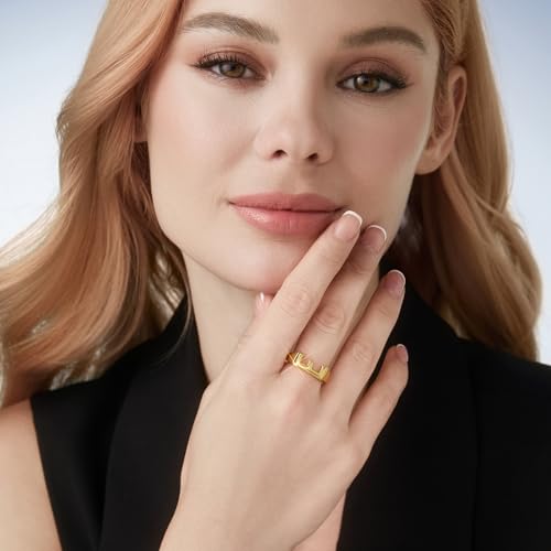 Cicy Bell Initial Rings for Women 18k Gold Plated Adjustable Rings | Open Signet Rings, Bold Letter, Personalized Engraved, For Party - color: Initial-E