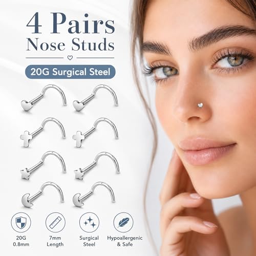 20G Nose Rings for Women, L Shaped Nostril Piercing Studs | 316L Stainless Steel, 0.8 mm×7 mm, 2 mm CZ or 3-4 mm Heart, Star, Moon and Cross, Gold-Tone or Silver-tone, Daily Wear - style: Silver Style A