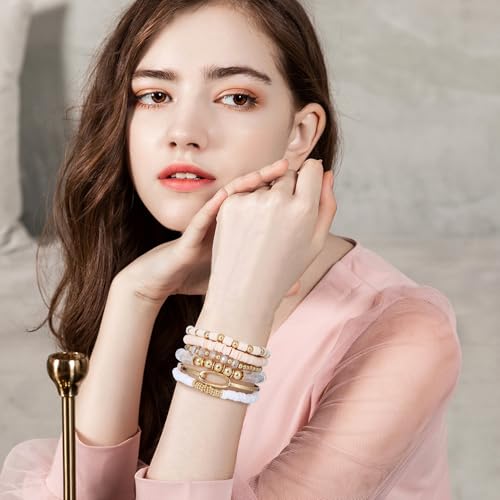 GOOJIDS Simple Beaded Gold Plated Bangles Bracelet Chunky Bamboo Tube Curved Stacking Clear Acrylic Colorful Beads Stretchable Gold Plated Bracelets Set For Women - color: A-A1 Clear Beads Bracelet