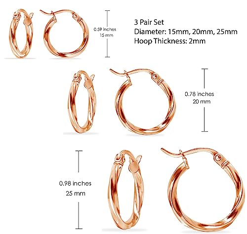 Hoops & Loops 925 Sterling Silver Twisted Hoop Earrings for Women - Hypoallergenic 14K Gold, Rose Gold, Black Flash Plated 2mm Thin Twist Design Round Click-Top Hoops, 15/20/25/30/35/40/50/60mm - color: 15,20,25mm - Rose Gold