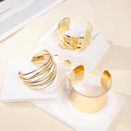 3PCS Chunky Cuff Bracelets for Women Irregular Minimalist Statement Bangle Bracelets Set Open Wide Wire Grooved Hammered Bangle Bracelet Gold Sliver Wrist Cuff Wrap Bracelet Adjustable - color: Gold Cuff Bracelets C