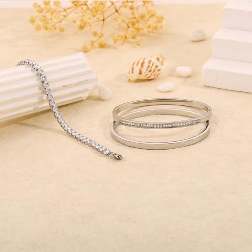 Camhanno Stackable Silver Bracelets for Women Stainless Steel Love & Friendship Bangle, Mothers Day Valentines Birthday Christmas Jewelry Gifts for Mom Her Wife Grandma - style: Silver Bracelet Stack 3pcs