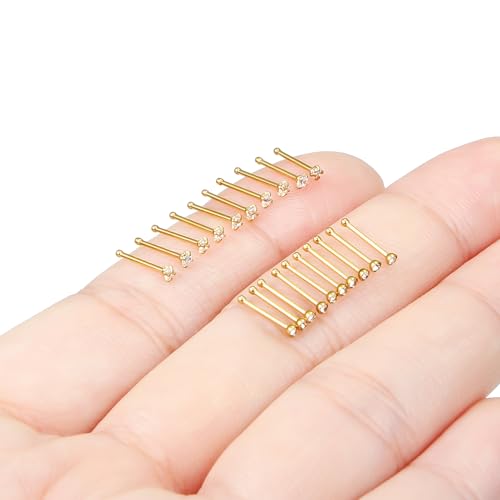 Hoeudjo Nose Studs Surgical Steel Cubic Zirconia Nose Rings Kit for Women Men Tiny Nose Stud Screw & Bone & L Shaped Nostril Piercing Jewelry 24-18 Gauge 20 Pieces Set - color: gold-tone,nose bone studs, size: 22g/1.5mm clear CZ