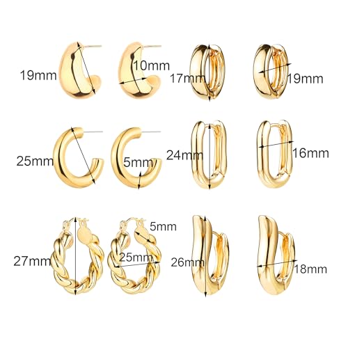 6 Pairs Gold Hoop Earrings for Women, 14K Gold Plated Huggie Hoop Earrings Set Hypoallergenic Lightweight Chunky Open Hoops Jewelry for Gift - color: Gold