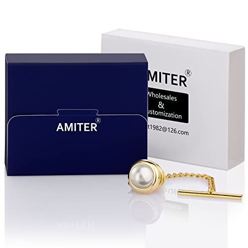 AMITER Crystal/Pearl Tie Tack with Chain, Gold Mens Tie Pin Necktie Pins Lapel Pin for Wedding Birthday Anniversary Party - color: 24k Gold+Silver Imitation Pearl