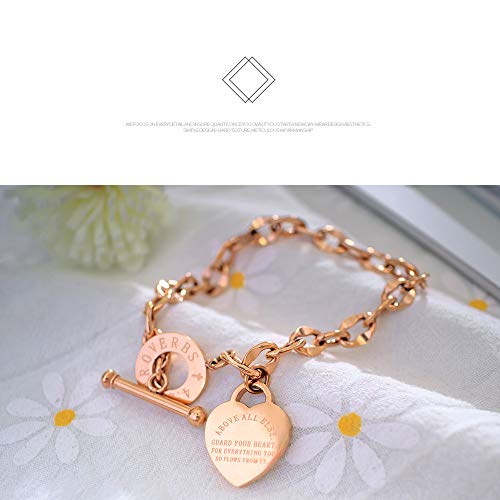 kelistom 316L Stainless Steel Love Heart Charm Bracelet for Women Romantic Gift Silver/Rose/18k Gold Plated OT Clasp Bracelets - color: rose gold