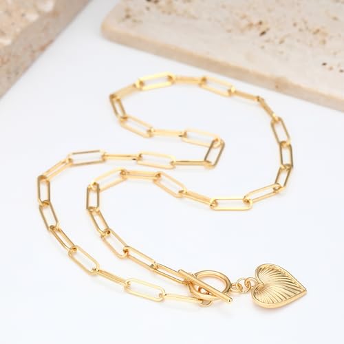 Chunky Gold Necklace for Women, 18K Waterproof Heart Necklace Statement Necklace Gold Charm Necklace Chunky Jewelry Paperclip Chain Choker Gift for Women - style: Heart Charm Toggle