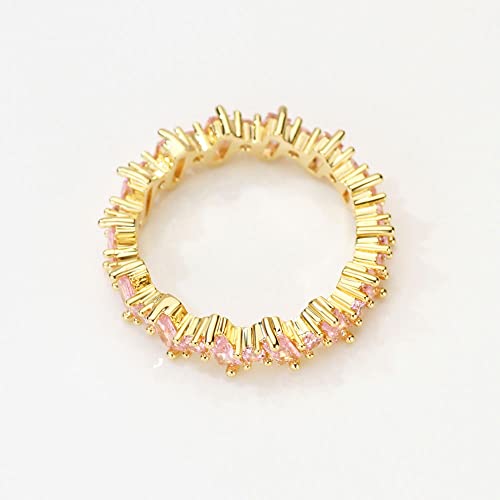 Michooyel 18K Gold Plated Eternity Band Ring Pink Cubic Zirconia Baguette Statement Ring for Women