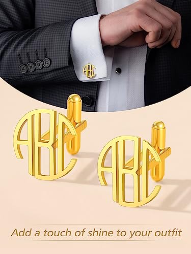 FindChic Stainless Steel Round Cufflinks with Custom Text/Picture/Monogram Letters 18K Gold Plated/Black Color for Men Groom Suits Shirts, with Gift Box - style: 03. custom 3 letters (gold plated)