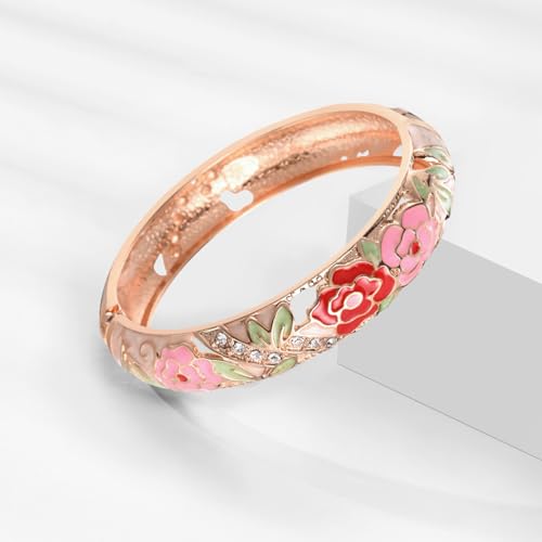 UJOY Womens Multi-Colors Cloisonne Bracelet Plated Flower Hollowed Enameled Hinged Cuff Bangles Jewelry Gift 88A10 - color: C06-3 Pcs Set-Cream Pink