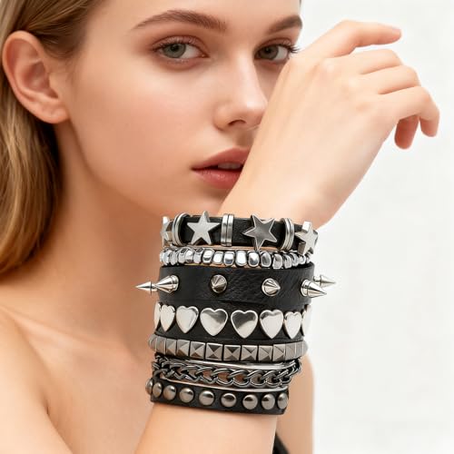 5 Pcs Punk Studded Bracelet Emo Goth Bracelets Y2k Alt Jewelry Grunge Spike Accessories for Men Women Rocker Clothes - color: 5 Pcs