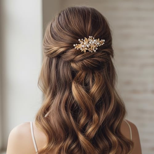 4 PCS Gold Hair Pins Rhinestone Barrette Pearl, Crystal Wedding Leaf Barrette, Sparkly Bridal Hair Clips Accessory for Women Girls