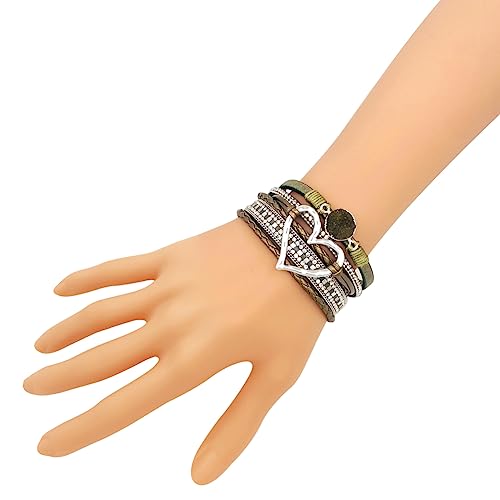 Womens Love Heart Leather Wrap Bracelet Multi-layer Stacked Bangle | Magnetic Clasp Soft PU Leather Resin Stone Rhinestone Boho Style Birthday Valentine Christmas Bohemian Jewelry Gift - color: Grass Green