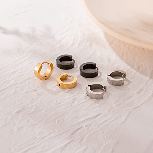 Stainless Steel Hoop Earrings for Women Men Minimalist Huggie Earrings Gold Silver Black Hypoallergenic Small Round Earrings - color: 3 Pairs