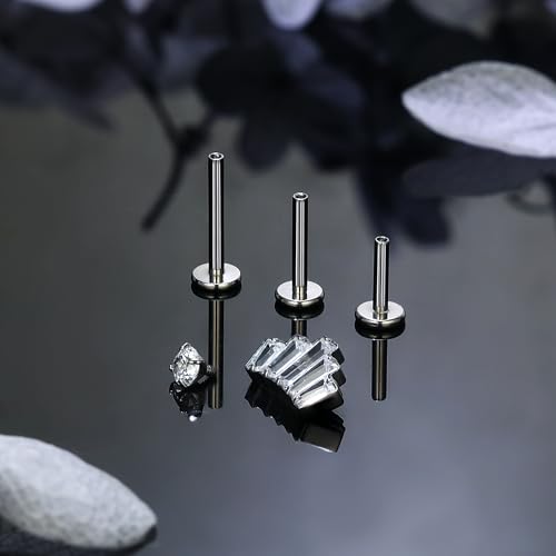 Titanium Flat Back Lip Rings Internally Threaded Earrings Studs Nose Rings 16G Opal CZ Tragus Cartilage Lobe Rook Helix Conch Labret Medusa Piercing Jewelry for Women Men W Piercing Taper Set - style: Crown CZ
