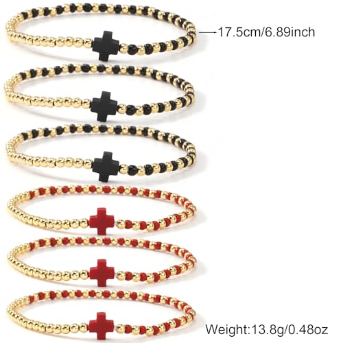 Gold Beaded Bracelets for Women Stackable Boho Gold Plated Colorful Seed Beads Ball Cross Bracelets Stack Elastic Stretch Trendy Jewelry Accessories Non Tarnish Friendship Christian Gift - color: Red Black