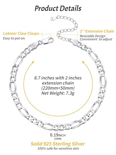 ChicSilver 925 Sterling Silver Ankle Bracelet for Women, Simple Cuban Link/Figaro/Twist Rope Chain Anklets for Beach Party(with Gift Box) - style: 02: Figaro Chain-5mm wide