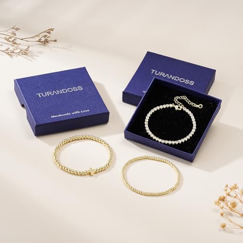 Turandoss Gold Bracelets for Women - Dainty 14K Gold Plated Tennis Bracelet | Stackable Cross Beaded Set, Twisted Rope Chain, Snake Paperclip Chain, Knot Cuff Bracelets for Women, Jewelry Gifts - color: Cross Beaded Set