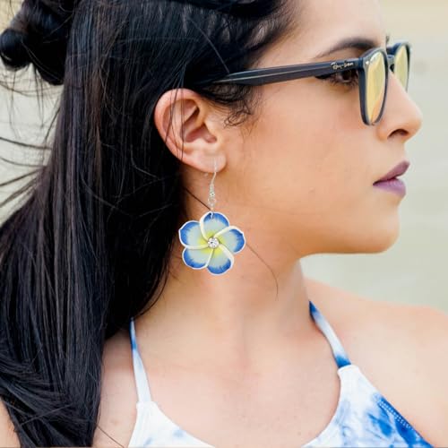 Floral Dangle Earrings for Women Hawaiian Tropical Plumeria Rubra Flower Drop Earrings with Cubic Zirconia Luau Beach Party Vacation Hawaiian Accessories Jewelry Gift - color: Light Blue