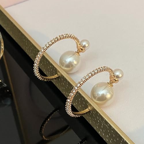 Large Pearl Rhinestone Crystal Hoop Earrings for Women,Gold Silver Cubic Zirconia Statement Hoop Earrings Party Holiday Jewelry Gifts