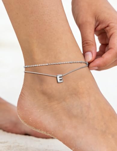 ChainsHouse Initial Ankle Bracelets for Women Waterproof, 14K Gold Plated Layered Initial Anklets Non Tarnish, Adjustable Stainless Steel Women's Ankle Summer Beach Foot Jewelry - color: Stainless Steel, size: Initial E