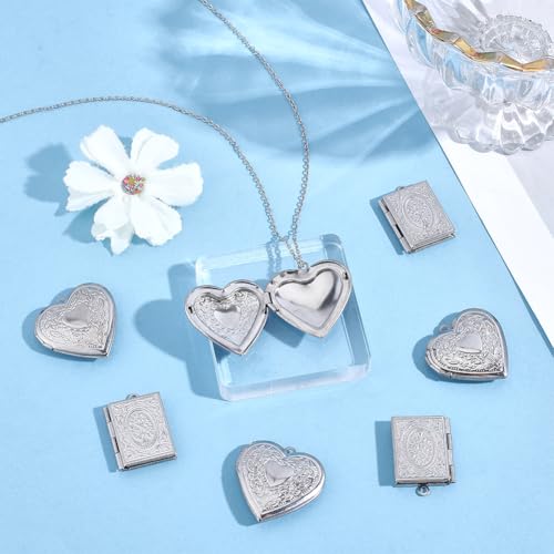 24Pcs Heart Photo Frame Charm 2 Styles Flat Round Stainless Steel Photo Locket Pendants Blank Memory Locket Picture Charms for Necklace Jewelry Making DIY Craft Women Gift - size: Multi Size