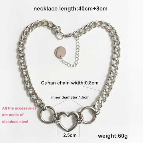 Stainless Steel O Ring Choker Necklace for Women Men Chunky Cuban Chain Collar Punk Statement Jewelry Gift for Edgy Streetwear & Aesthetic Outfits - color: Heart+O ring