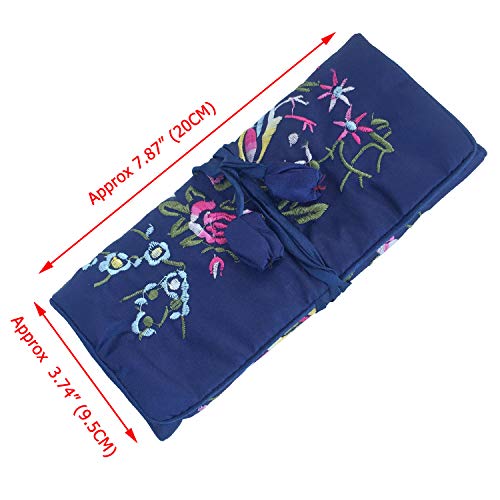 Travel Jewelry Roll Bag - Silk Embroidered Brocade Pouch for Rings, Necklaces, Earrings, Bracelets | Lightweight & Tie Closure (Navy Blue) - color: Navy Blue