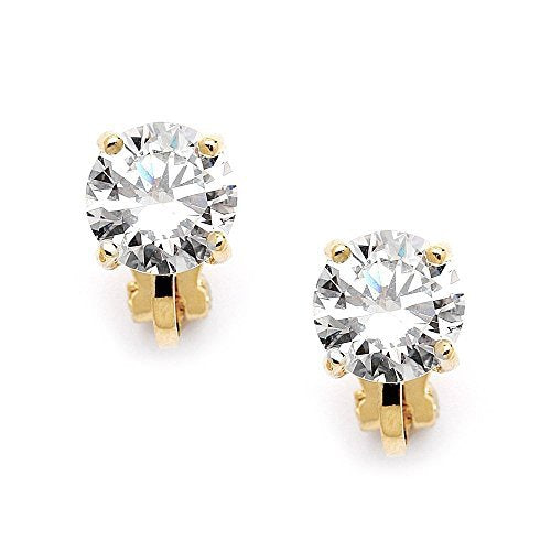 Mariell Cubic Zirconia Crystal Wedding Clip On Stud Earrings for Women, 2 Carat CZ Jewelry For Brides - color: Gold