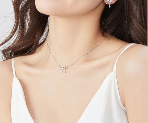 925 Sterling Silver Necklace for Women Trendy, Charming Layered Necklace with Cubic Zirconia Pendant for Her Womens Dainty Diamond Choker Necklaces Holiday Jewelry Gifts for Mom Wife Daughter Lover - color: Bowknot-Silver