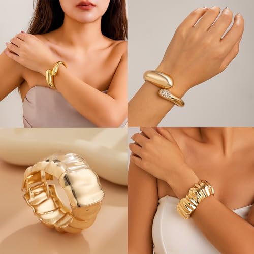 CJIAYUJEW 3Pcs Big Chunky Gold Bangle for Women Silver Cuff Wide Bracelet Trendy Teardrop Wire Irregular Minimalist Jewelry - style: A-Gold