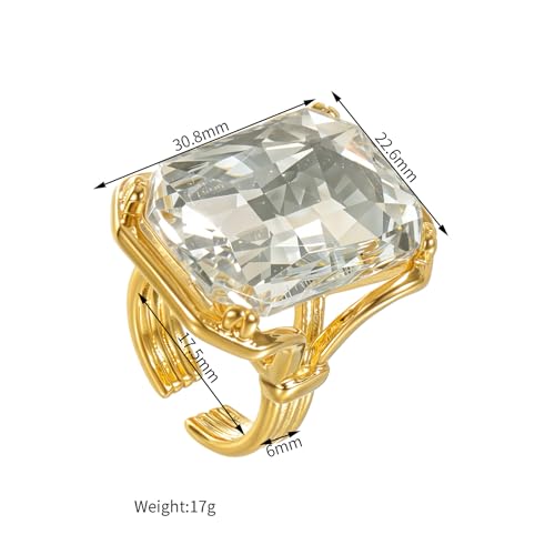 Bling Rhinestone Rectangle Statement Knuckle Cocktail Ring Adjustable Band for Women Trendy Geometric Sparkly Clear Crystal Chunky Open Finger Rings Engagement Wedding Promise Party Prom Jewelry Gift