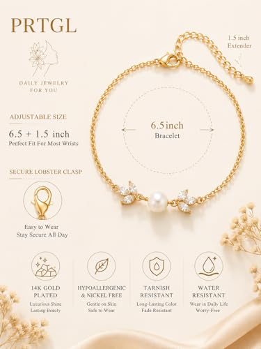 Gold Bracelets for Women Pearl Bracelet 14k Gold/White Gold Plated | Dainty Cubic Zirconia CZ Accented, Bridesmaid Jewelry, Prom Bracelet, Wedding Bracelets for Brides - color: gold-leaf
