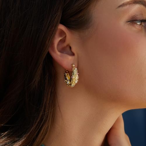 FRUMOS 18K Gold Plated Chunky Hoop Earrings for Women Fashion Thick Gold Hoops Set Jewelry for Birthday Christmas Gifts - color: Gold CZ Paved Chunky Hoop
