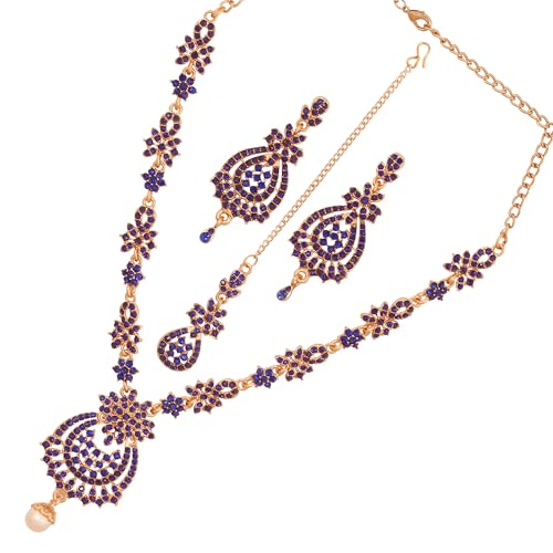 Touchstone Indian jewelry sets for women maang tikka wedding guest gold necklace bollywood jewellery set pageant elegant prom bride accessories western crystal chunky rhinestone necklaces - color: 1 Blue in antique gold plating