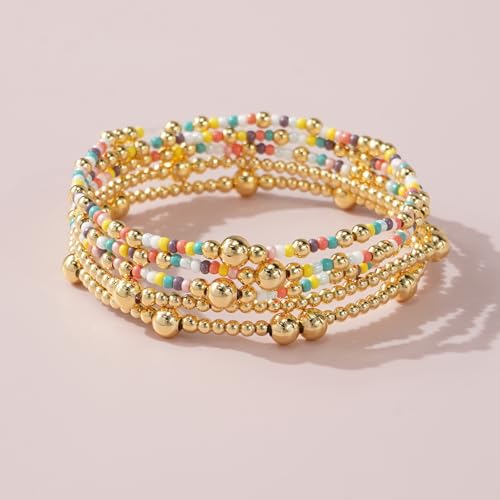 Stack Small Seed Bead Bracelets Set for Women, Boho Handmade Colorful Stretch Accessories Jewelry, Summer Beach Daily Wear Holiday Friendship Gift - color: Rainbow